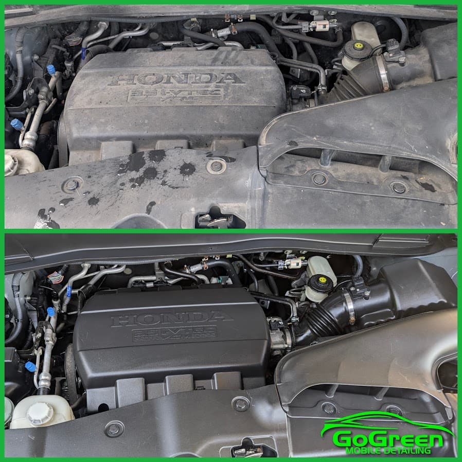 Honda engine bay before and after deep cleaning — GoGreen Mobile Detailing Auburn WA